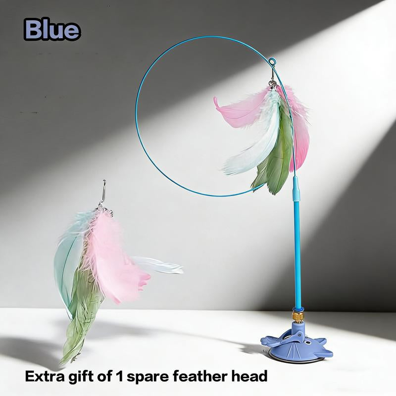 Cat Wand Toys with Suction Cup, Interactive Feathersimulation Cat Toy Set,Cat Teaser Cat Toys,Flexible Steelwire and 2Pcs Replacement Feather Reflls with Bells.Catteaser Pettoys Halloween Kitten Christmas Feathered