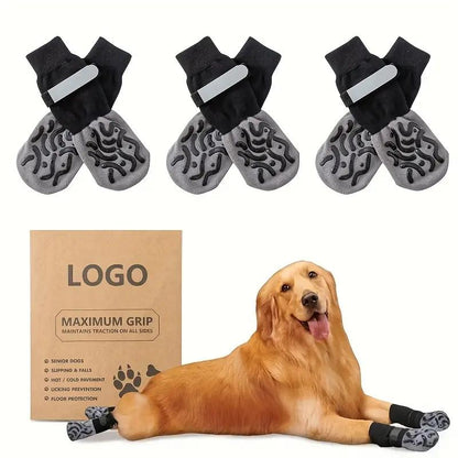 Pet Socks Anti-Slip Reflective Adjustable Dog Cat Paw Protectors, Breathable Durable Non-Skid Pet Shoes Covers, 4 Pack Large Small Dogs Cats