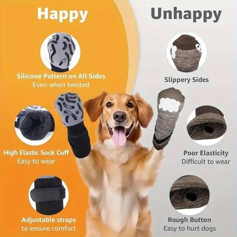 Pet Socks Anti-Slip Reflective Adjustable Dog Cat Paw Protectors, Breathable Durable Non-Skid Pet Shoes Covers, 4 Pack Large Small Dogs Cats