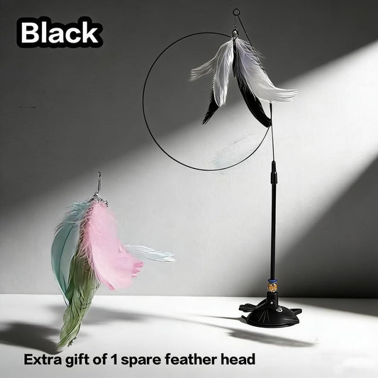 Cat Wand Toys with Suction Cup, Interactive Feathersimulation Cat Toy Set,Cat Teaser Cat Toys,Flexible Steelwire and 2Pcs Replacement Feather Reflls with Bells.Catteaser Pettoys Halloween Kitten Christmas Feathered