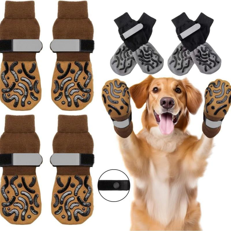 Pet Socks Anti-Slip Reflective Adjustable Dog Cat Paw Protectors, Breathable Durable Non-Skid Pet Shoes Covers, 4 Pack Large Small Dogs Cats