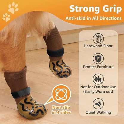 Pet Socks Anti-Slip Reflective Adjustable Dog Cat Paw Protectors, Breathable Durable Non-Skid Pet Shoes Covers, 4 Pack Large Small Dogs Cats