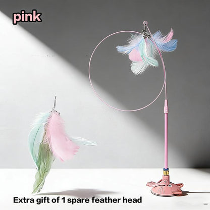 Cat Wand Toys with Suction Cup, Interactive Feathersimulation Cat Toy Set,Cat Teaser Cat Toys,Flexible Steelwire and 2Pcs Replacement Feather Reflls with Bells.Catteaser Pettoys Halloween Kitten Christmas Feathered