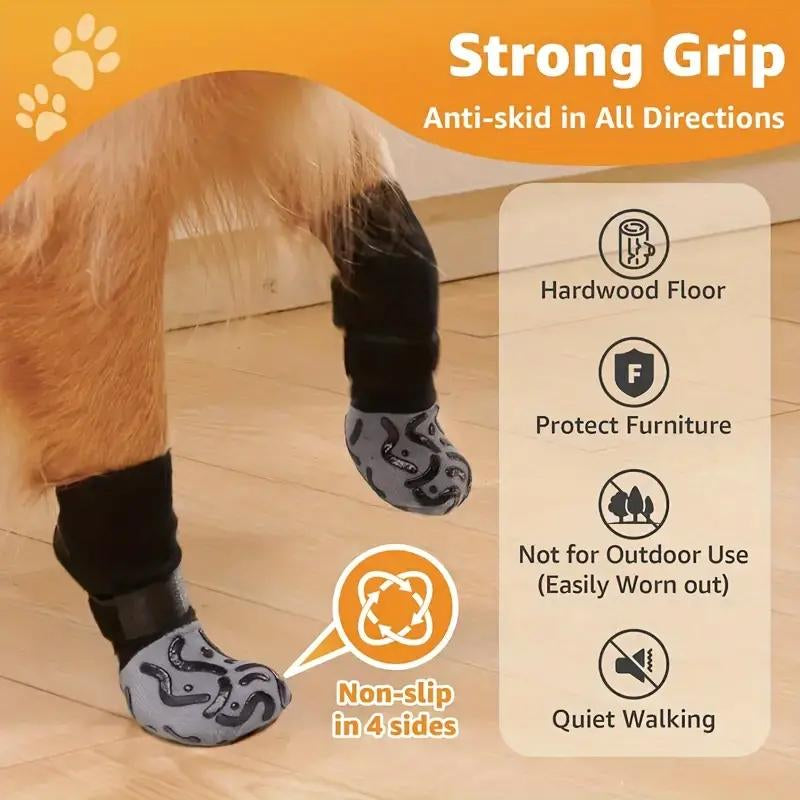 Pet Socks Anti-Slip Reflective Adjustable Dog Cat Paw Protectors, Breathable Durable Non-Skid Pet Shoes Covers, 4 Pack Large Small Dogs Cats