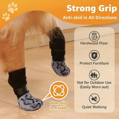 Pet Socks Anti-Slip Reflective Adjustable Dog Cat Paw Protectors, Breathable Durable Non-Skid Pet Shoes Covers, 4 Pack Large Small Dogs Cats