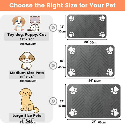 Quick Drying Absorbent Pet Feeding Mat for Dogs and Cats, Non-Slip Rubber Bottom, Dark Polyester Surface for Indoor Use